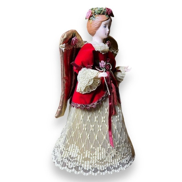VTG Kurt Adler Angel Tree Topper Large Ornament 1990 Victorian Lace Red Ivory - Picture 4 of 14